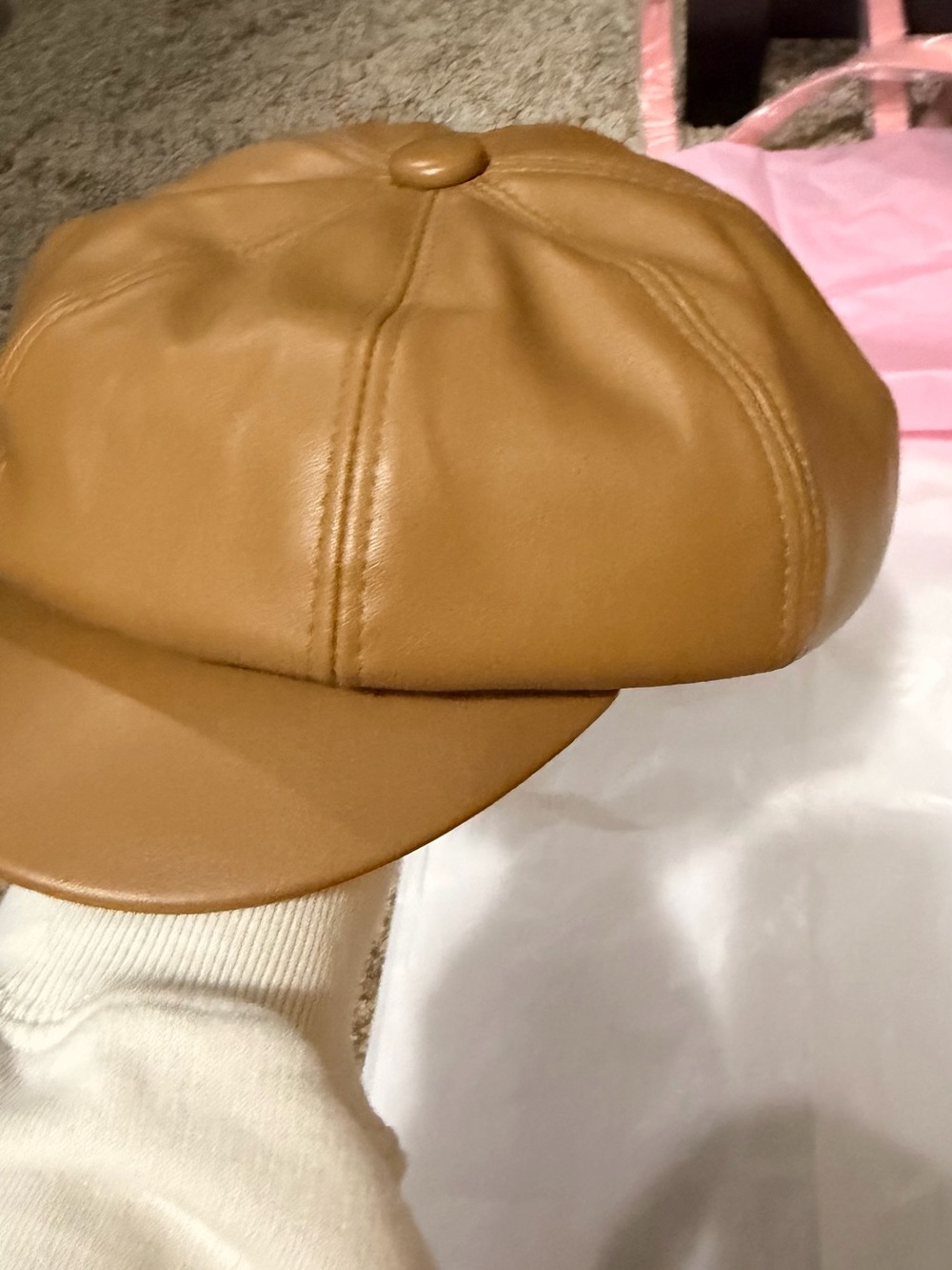 Faux Leather Newsboy Cap in Tan